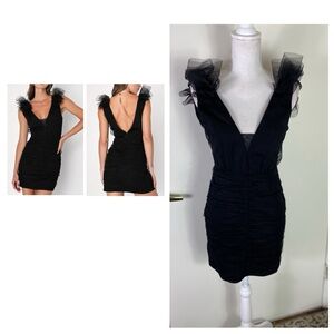 Lulus women’s Sz S plunge bodycon tule detail sexy little Black Dress NWT